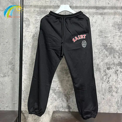 Vintage High Street Red Letter Logo Printing Saint Sweatpants Men Women Oversized Jogger Drawstring Black Apricot Pants