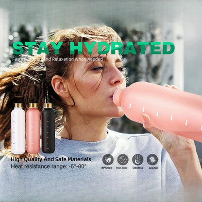 1L Bottle With Time Marker 32 OZ Motivational Reusable Fitness Sports Outdoors Travel Leakproof BPA Free Frosted Plastic - GabyFit Goods