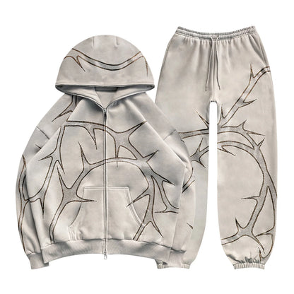 Hip Hop Rhinestone Print Hoodies Pants Suit Men Women Streetwear Fashion Y2k Zipper Hoodie Jacket Gothic Autumn Loose Sweatshirt