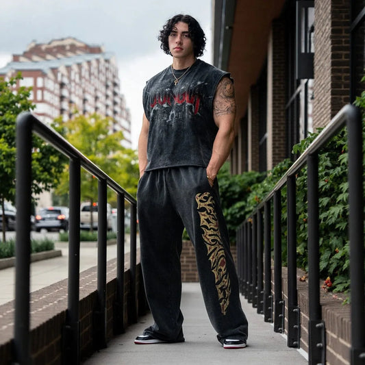 YOUNGLA American streetwear brand men's sports pants, gym and fitness loose straight print casual trousers