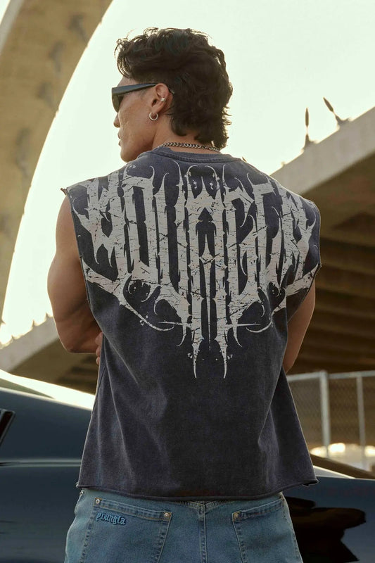 New men's fitness vest, men's casual running training sleeveless T-shirt, trendy printed clothing vest, men's heavyweight cotton