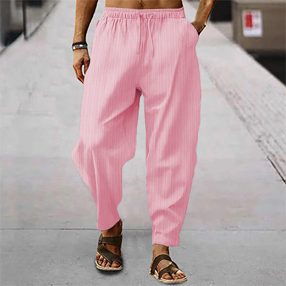 Hip hop male breathable blend cotton stripe loose casual sports calf summer new style trousers