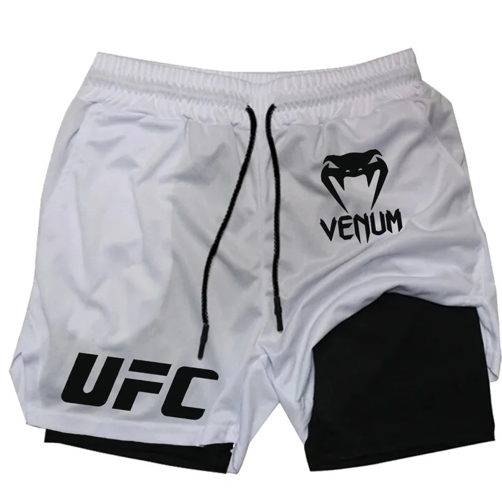 2025 Summer Men's UFC Printed Quick Drying Outdoor Running Double Layer Shorts Sports Shorts Breathable Tennis Training Shorts