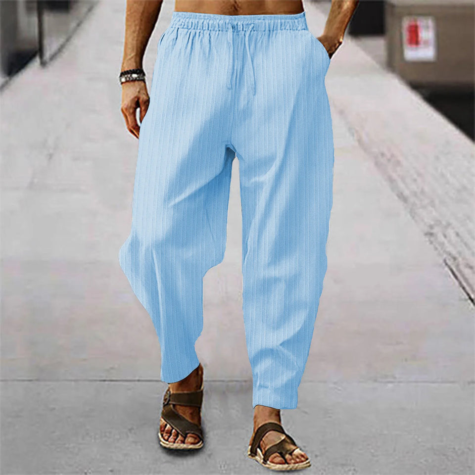 Hip hop male breathable blend cotton stripe loose casual sports calf summer new style trousers