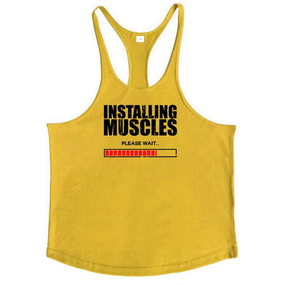 Installing Muscles Please Wait Print Gym Bodybuilding Y-back Tank Tops Mens Casual Fitness Sleeveless Cotton Breathable T-Shirt