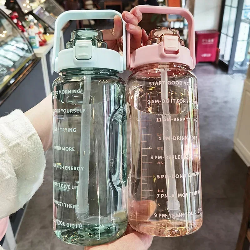 2L Portable Water Bottle with Straw & Time Marker, Large Capacity Plastic Drink Bottle for Outdoor Sports & Fitness - GabyFit Goods