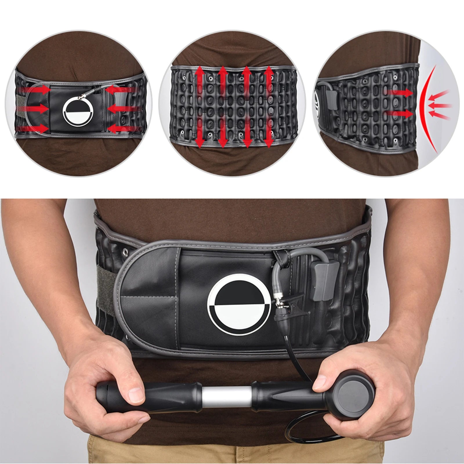 Inflatable lumbar support belt for pain relief with handpump