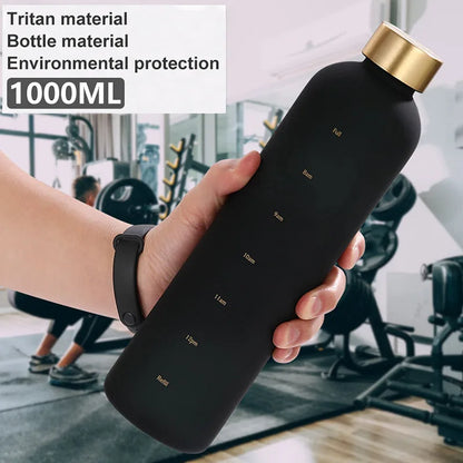 1L Bottle With Time Marker 32 OZ Motivational Reusable Fitness Sports Outdoors Travel Leakproof BPA Free Frosted Plastic - GabyFit Goods