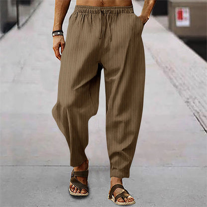 Hip hop male breathable blend cotton stripe loose casual sports calf summer new style trousers
