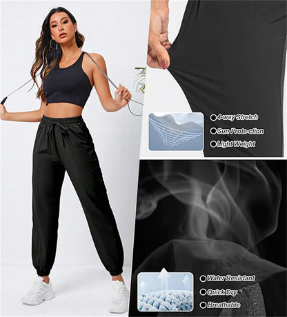 Loose running and fitness pants, women's side pockets, outdoor casual sports pants, ankle tied yoga pants