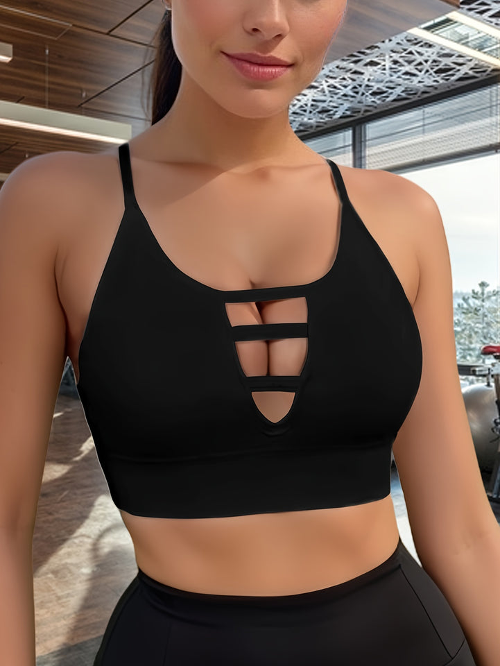 Front Hollow Out High Elastic Sports Bra, High Intensity Shockproof Seamless Fitness Tank Top, Backless Breathable Yoga Bra