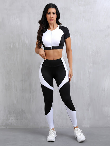 1set Women's High Waist Sports Yoga Outfit, Short Sleeve Round Neck Zippered Polyester Knit Leggings and Crop Top Set, Stretchy Solid Color Athletic Wear for All Seasons
