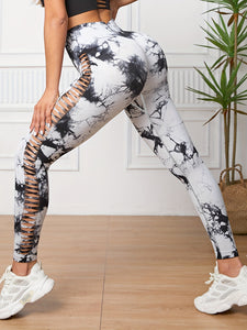 Women's High Waist Cut-Out Yoga Pants, Seamless Tie-Dye Hollow Out Hip Lift Fitness Leggings, Breathable Stretchy Workout Capris, Mature Style