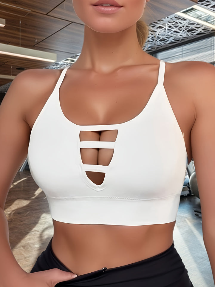 Front Hollow Out High Elastic Sports Bra, High Intensity Shockproof Seamless Fitness Tank Top, Backless Breathable Yoga Bra