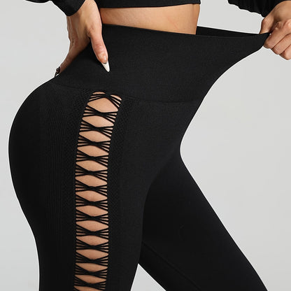 Women's High Waist Cut-Out Yoga Pants, Seamless Tie-Dye Hollow Out Hip Lift Fitness Leggings, Breathable Stretchy Workout Capris, Mature Style