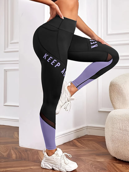 Women's High Waist Pocket Color-block Letter Print Casual Sports Skinny Yoga Leggings, Women's Sportswear & Clothing