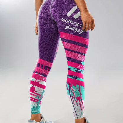 Women's Fashion Color Block Splash Print Yoga Pants, Striped Print Breathable Stretchy Butt Lifting Yoga Workout Running Sports Leggings, Women's Activewear