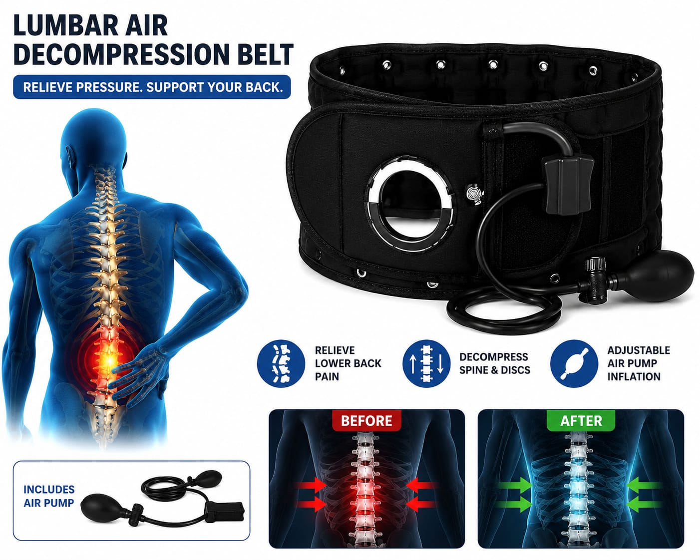 Inflatable lumbar support belt for pain relief