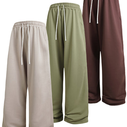 A Set of Three Solid Color Men'S Loose Straight-Leg Long Pants, Suitable for Spring And Autumn Fitness Activities - Made from Soft, Slightly Stretchy Knitted Fabric, Featuring a Drawstring Waist, Ideal for Outdoor Leisure And