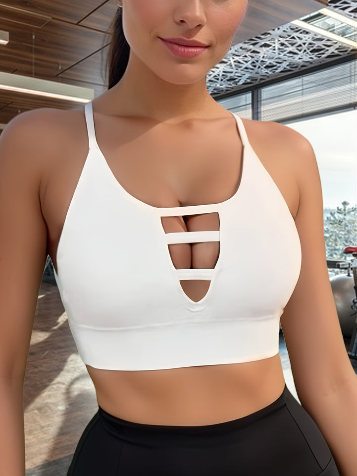 Front Hollow Out High Elastic Sports Bra, High Intensity Shockproof Seamless Fitness Tank Top, Backless Breathable Yoga Bra