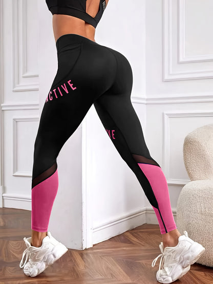 Women's High Waist Pocket Color-block Letter Print Casual Sports Skinny Yoga Leggings, Women's Sportswear & Clothing