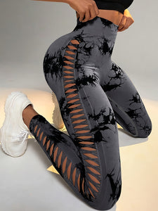 Women's High Waist Cut-Out Yoga Pants, Seamless Tie-Dye Hollow Out Hip Lift Fitness Leggings, Breathable Stretchy Workout Capris, Mature Style