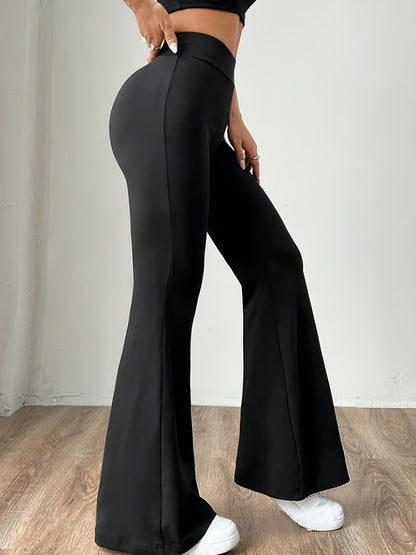 Women'S High-Waisted Flare Leg Pants, Tummy Control Stretchy Fitness Trousers, Polyester 95% Spandex 5% Knit Fabric, Solid Color All-Season Young Style, 180g/m² Weight