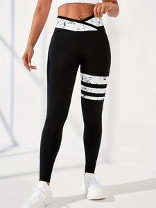 Cross Waist Color Contrast Workout Yoga Tight Pants, Stretchy Fitness Running Sports Leggings, Women's Activewear