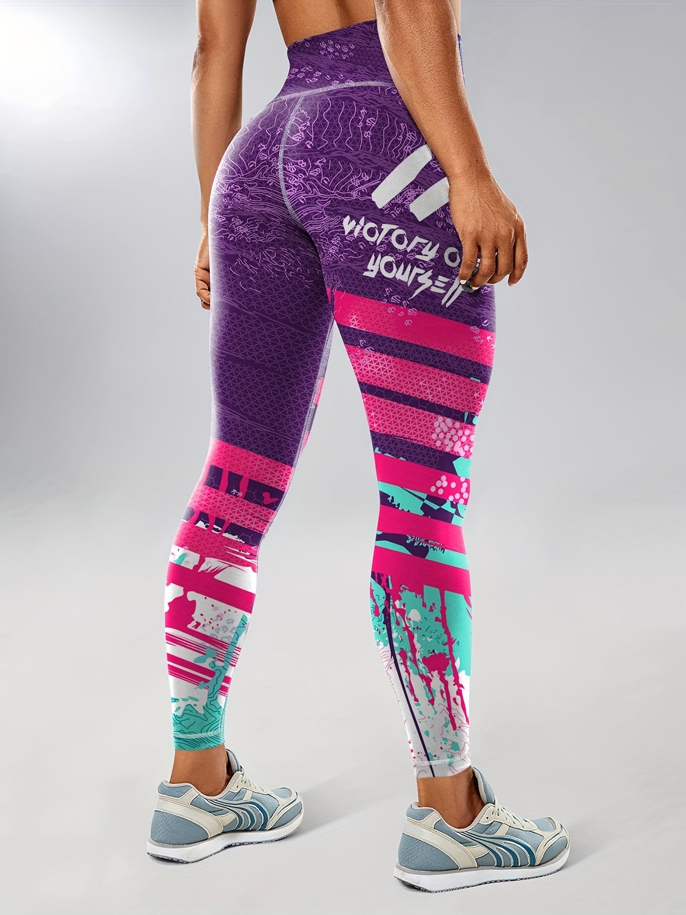 Women's Fashion Color Block Splash Print Yoga Pants, Striped Print Breathable Stretchy Butt Lifting Yoga Workout Running Sports Leggings, Women's Activewear