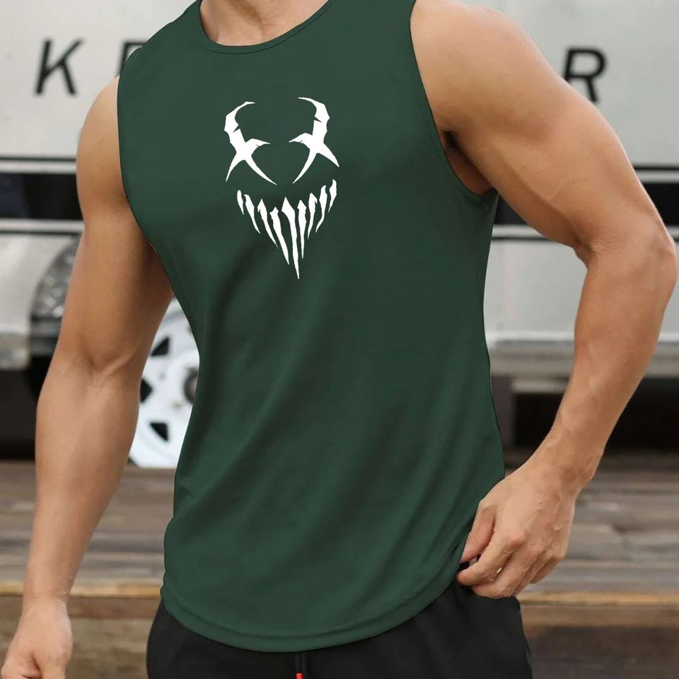 Devil Face Pattern Comfy Breathable Tank Top, Men's Casual Stretch Sleeveless T-shirt For Summer Gym Workout Training Basketball