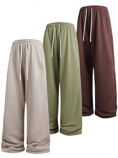 A Set of Three Solid Color Men'S Loose Straight-Leg Long Pants, Suitable for Spring And Autumn Fitness Activities - Made from Soft, Slightly Stretchy Knitted Fabric, Featuring a Drawstring Waist, Ideal for Outdoor Leisure And