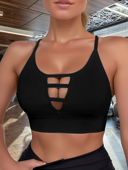 Front Hollow Out High Elastic Sports Bra, High Intensity Shockproof Seamless Fitness Tank Top, Backless Breathable Yoga Bra