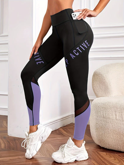 Women's High Waist Pocket Color-block Letter Print Casual Sports Skinny Yoga Leggings, Women's Sportswear & Clothing