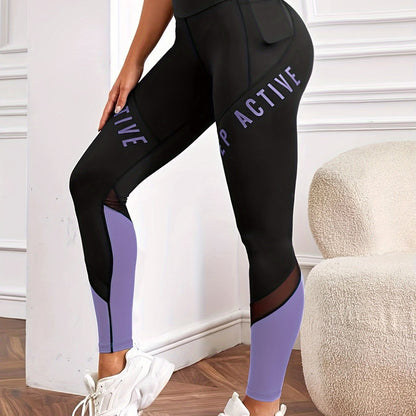 Women's High Waist Pocket Color-block Letter Print Casual Sports Skinny Yoga Leggings, Women's Sportswear & Clothing