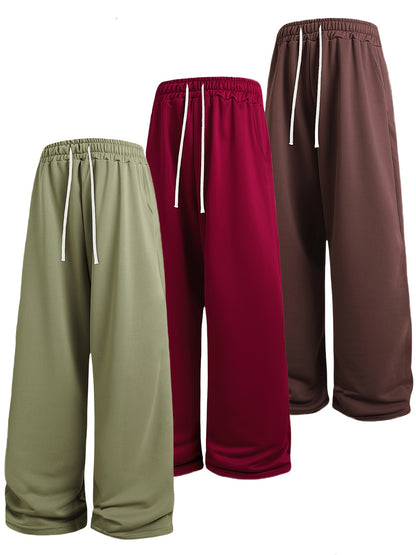A Set of Three Solid Color Men'S Loose Straight-Leg Long Pants, Suitable for Spring And Autumn Fitness Activities - Made from Soft, Slightly Stretchy Knitted Fabric, Featuring a Drawstring Waist, Ideal for Outdoor Leisure And