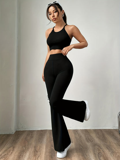 Women'S High-Waisted Flare Leg Pants, Tummy Control Stretchy Fitness Trousers, Polyester 95% Spandex 5% Knit Fabric, Solid Color All-Season Young Style, 180g/m² Weight